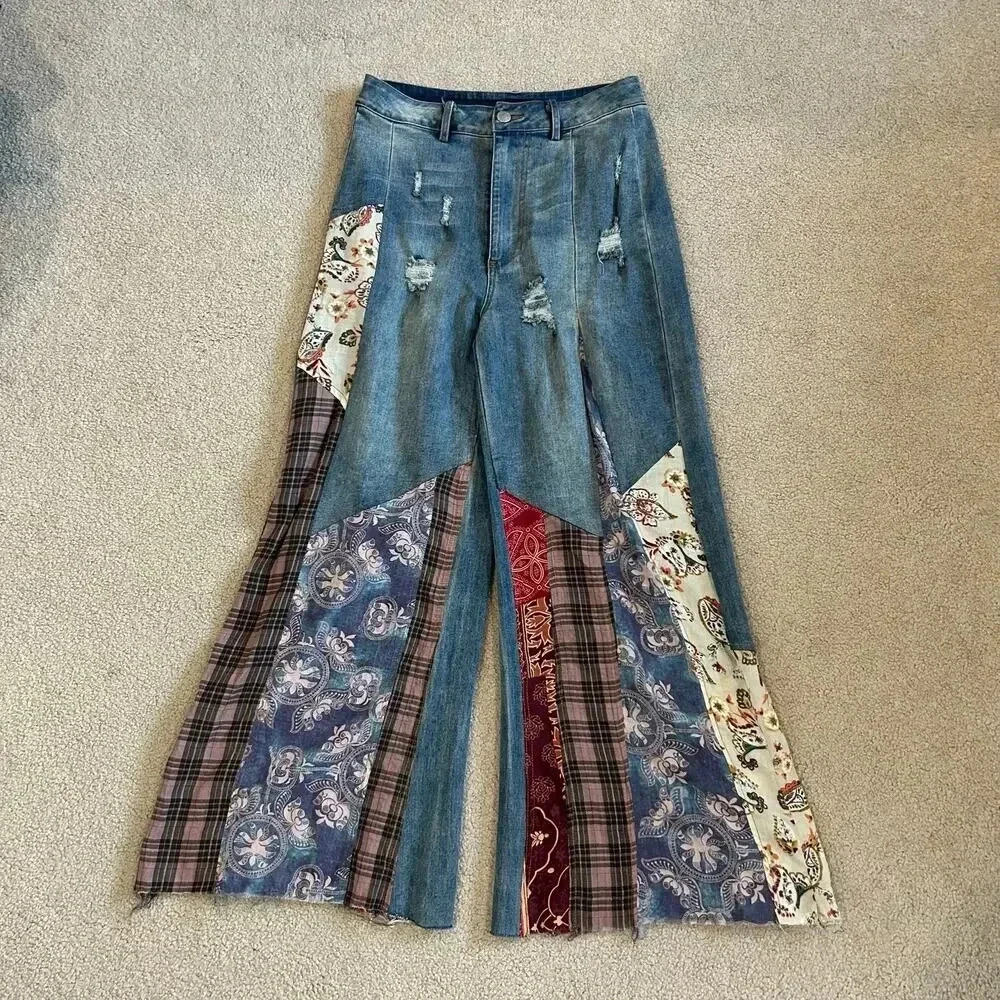 Boho Patchwork Wide-Leg Jeans - Blue